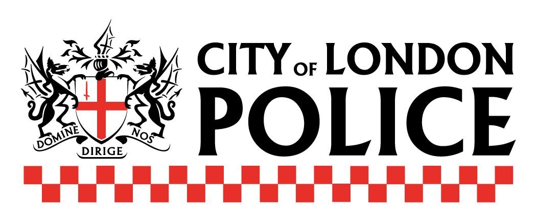 City of London Police Logo with Badge of the City (Two dragons holding a shield with a red cross)